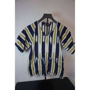 Tropix Woven Ikat Dashiki Top Navy Olive Striped V-Neck Boho Tunic Small